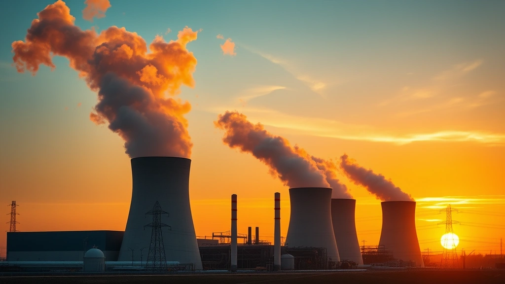 Modern natural gas power plant with steam cooling towers at sunset, showing industrial energy infrastructure against orange sky, photorealistic environmental perspective