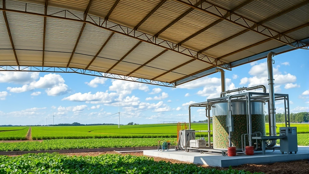 Renewable biogas facility with agricultural feedstock processing, showing sustainable energy production from organic waste with green fields in background, eco-friendly industrial operation