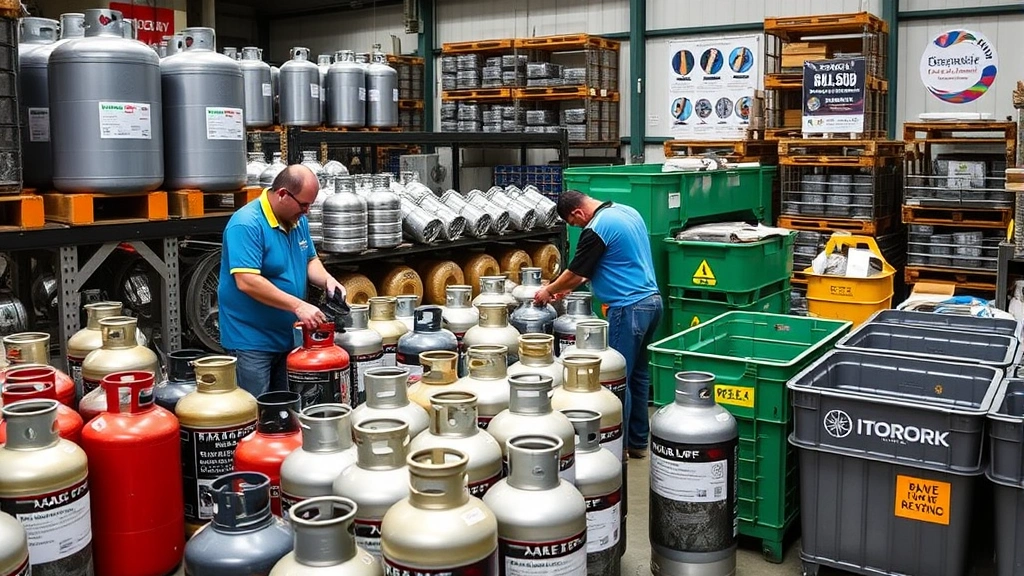 Compressed gas cylinders organized in recycling facility, workers handling steel containers, sorting and processing equipment, sustainability badges displayed, organized warehouse environment, circular economy in action