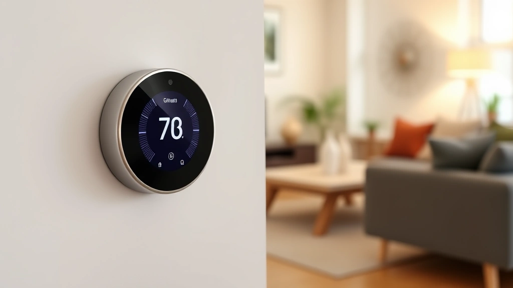 Modern smart thermostat display showing temperature control on white wall with warm lighting, blurred comfortable living room background, no text or labels visible
