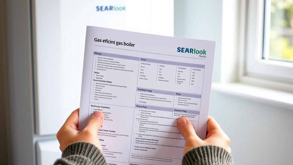 Close-up of hands holding energy-efficient gas boiler documentation with technical specifications, natural lighting from window, no identifying text or brand names visible