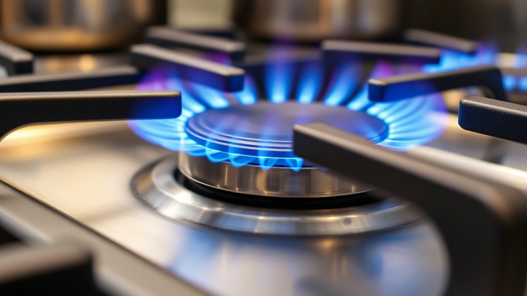 Close-up of blue gas flame on modern stove burner with cookware, professional kitchen setting, natural lighting highlighting flame quality and heat distribution