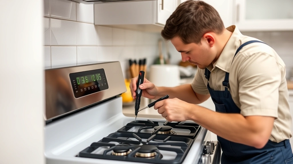 Technician inspecting and cleaning gas stove burner ports with precision tools, maintenance focus, professional service demonstration in residential kitchen