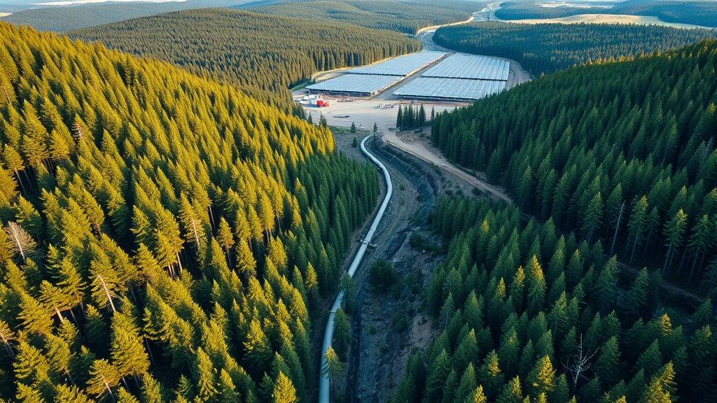 Aerial view of natural gas pipeline infrastructure cutting through forested landscape with modern solar panels visible in distance, renewable energy transition symbolism, photorealistic environmental contrast