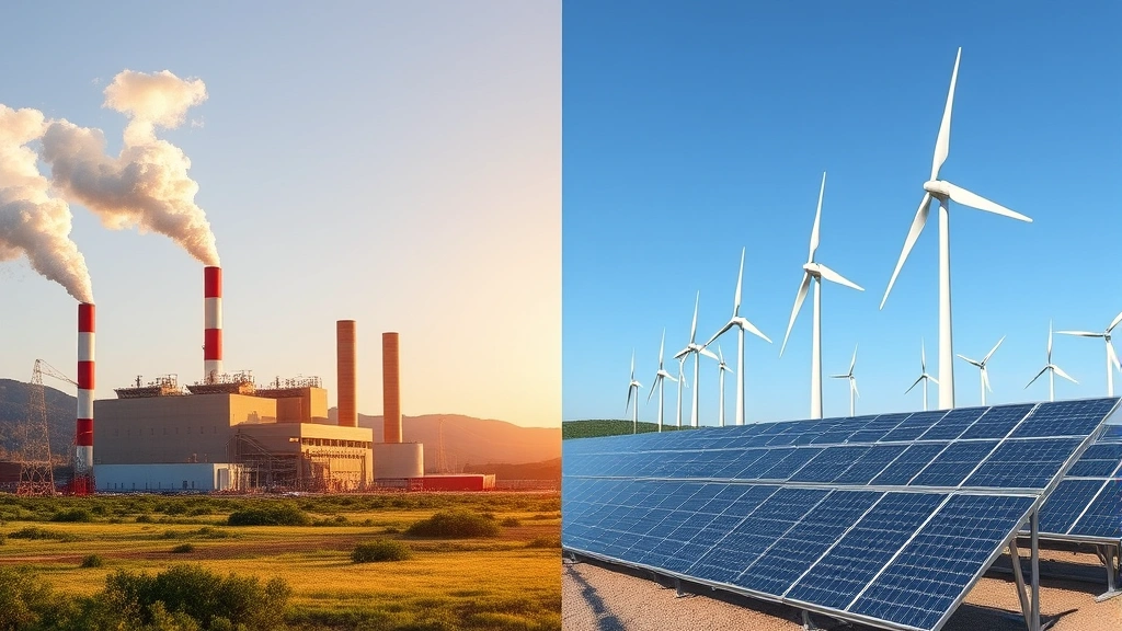 Split-screen comparison: traditional fossil fuel power plant on left transitioning to renewable energy installation on right with wind turbines and solar arrays, sustainability evolution concept
