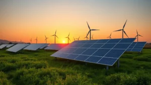Solar panels and wind turbines in a green landscape at sunset, representing renewable energy alternatives, photorealistic with natural lighting and no text or labels
