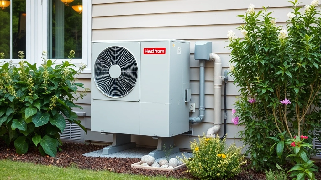 Modern heat pump unit installed on exterior of residential home with lush garden surroundings, showing alternative heating technology, photorealistic and clean