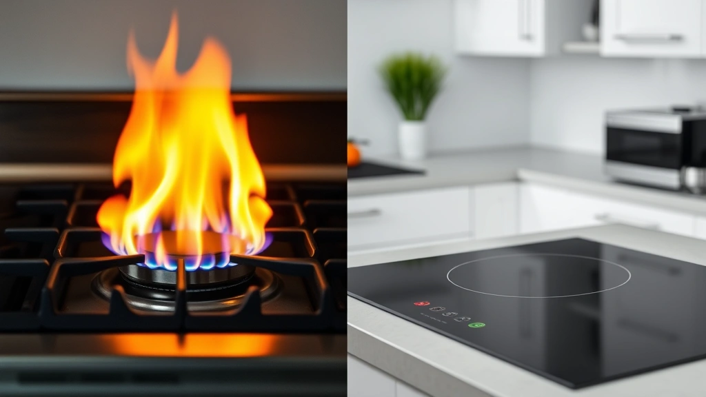 Side-by-side comparison visualization: gas stove flame on left, induction cooktop on right, clean kitchen background, professional photography style