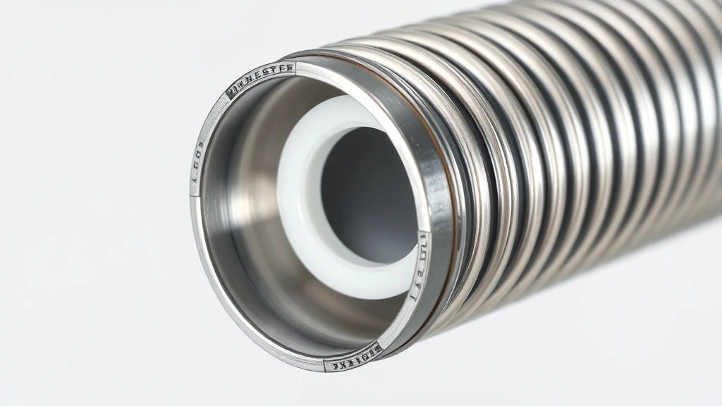Close-up of corrugated stainless steel tubing cross-section showing inner plastic core and metallic outer layer, professional industrial photography against neutral background