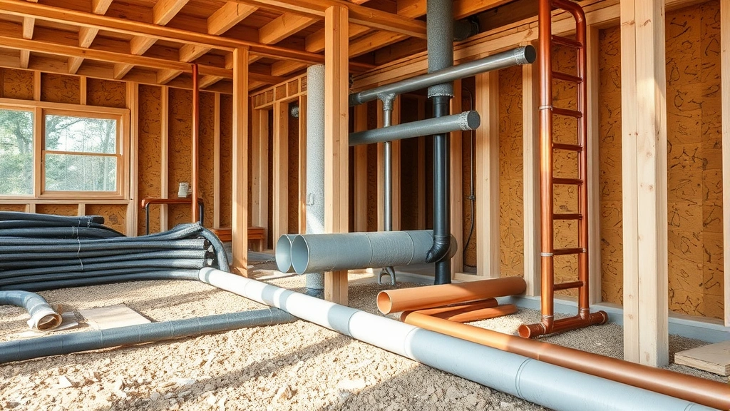 Eco-friendly home construction site with various piping materials displayed including copper, steel, and CSST tubes, natural lighting emphasizing material differences