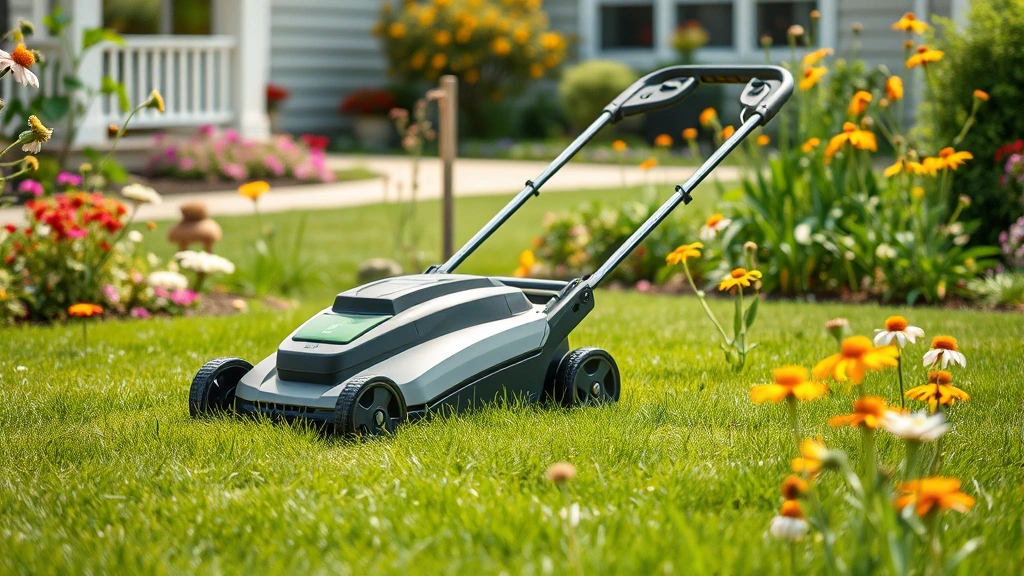 Modern electric battery-powered lawn mower on a verdant residential lawn, surrounded by blooming native wildflowers and pollinator plants, natural daylight, no visible text or branding, emphasizing sustainable yard design