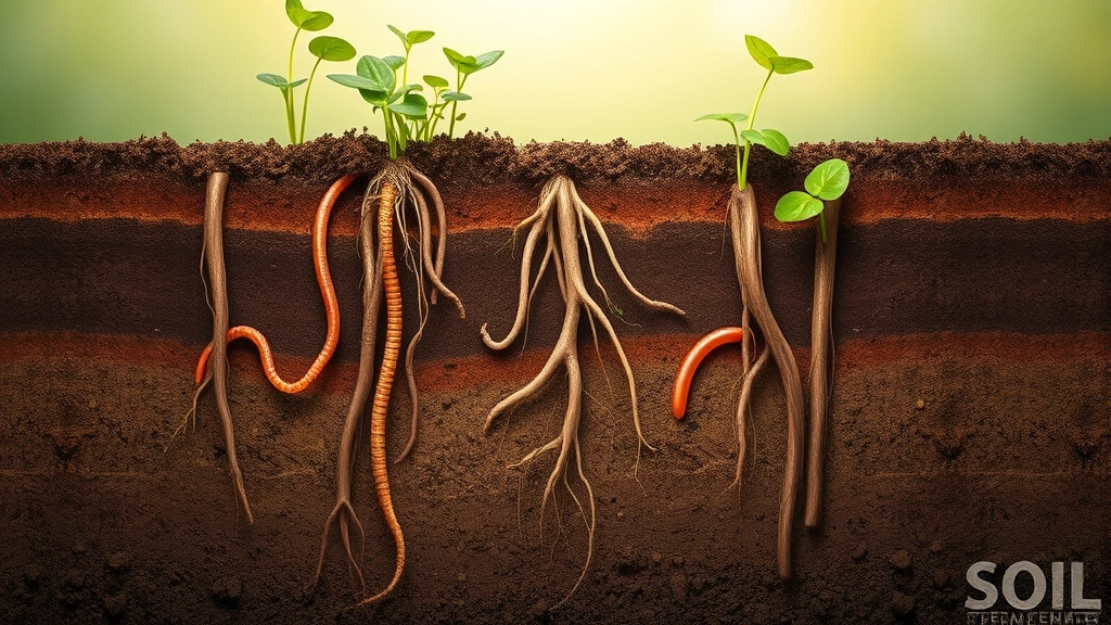 Cross-section view of healthy soil ecosystem with earthworms, root systems, and organic matter visible, natural brown earth tones, educational composition showing soil health and sustainability, photorealistic without labels or text