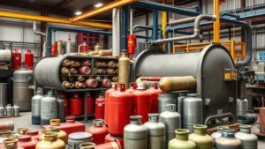 Professional recycling facility processing empty metal gas cylinders with specialized equipment and safety protocols in operation