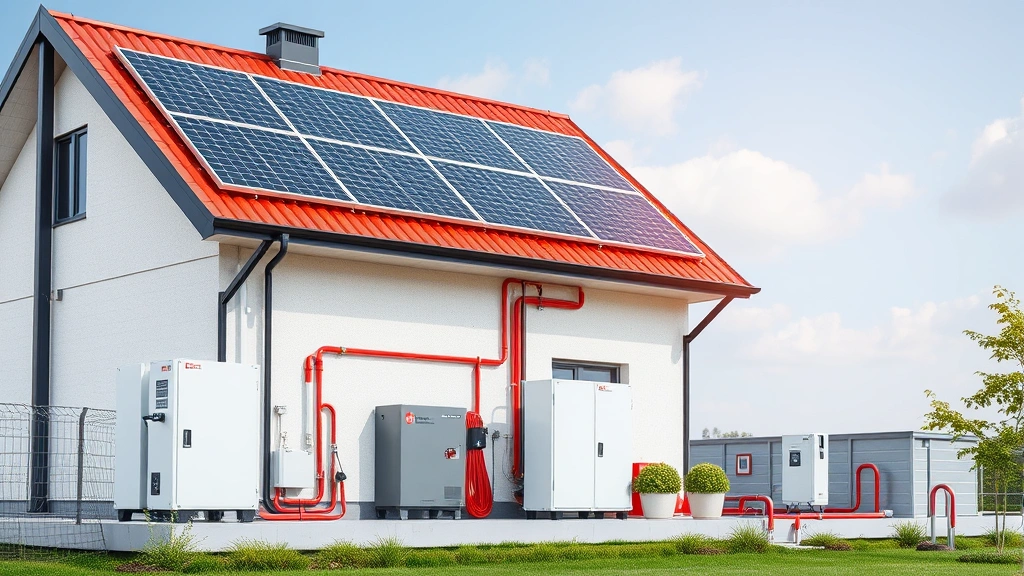 Modern residential renewable energy system combining rooftop solar panels, battery storage units, efficient heating infrastructure, and smart home controls