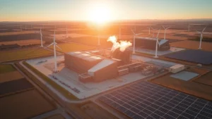 Aerial view of natural gas power plant surrounded by wind turbines and solar panel fields during golden hour, showing energy infrastructure transition landscape