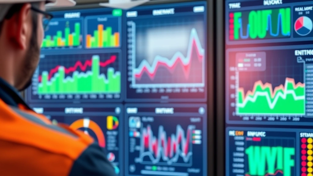 Close-up of utility worker monitoring smart grid control panel with renewable energy data visualization and real-time electricity flow metrics displayed
