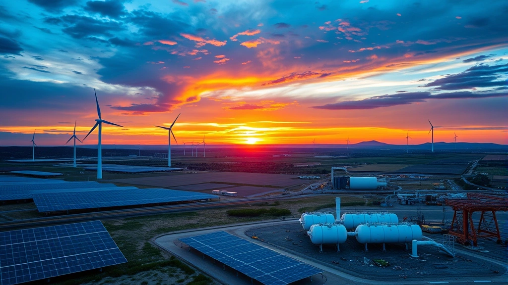 Wide landscape showing diverse energy sources together: wind turbines, solar arrays, and natural gas facility under dramatic sunset sky reflecting energy diversity