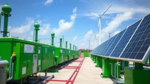 Green hydrogen production facility with electrolyzers powered by solar panels and wind turbines, clean industrial setting with water vapor emissions visible against blue sky
