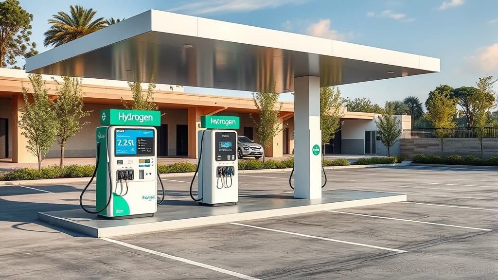 Modern hydrogen refueling station with sleek design, electric pumps, and renewable energy source signage, empty parking lot with sustainable architecture