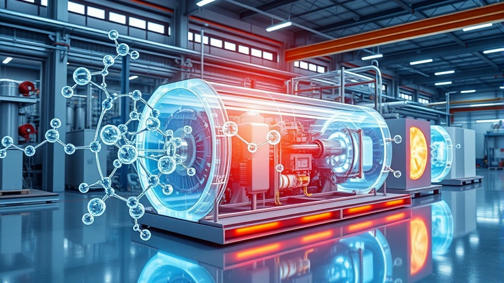 Fuel cell hydrogen technology visualization showing molecular structures, clean energy conversion process, industrial application in manufacturing facility with zero emissions