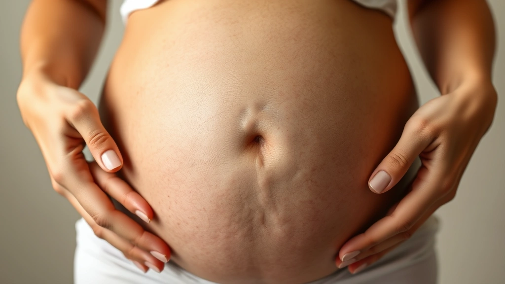 Close-up of pregnant belly showing visible movement ripples and natural skin texture, hands framing the abdomen, warm natural lighting highlighting the beauty of pregnancy, no visible text or labels