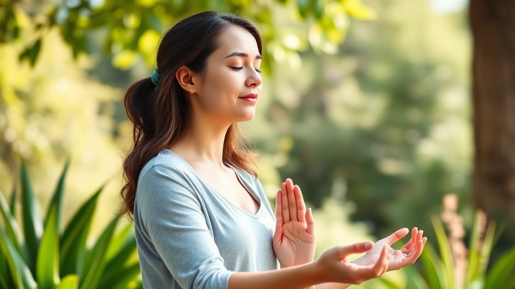 Peaceful woman practicing breathing exercises outdoors in natural sunlight, wearing comfortable clothing, relaxed posture near green plants and trees, illustrating healthy stress management and wellness practices