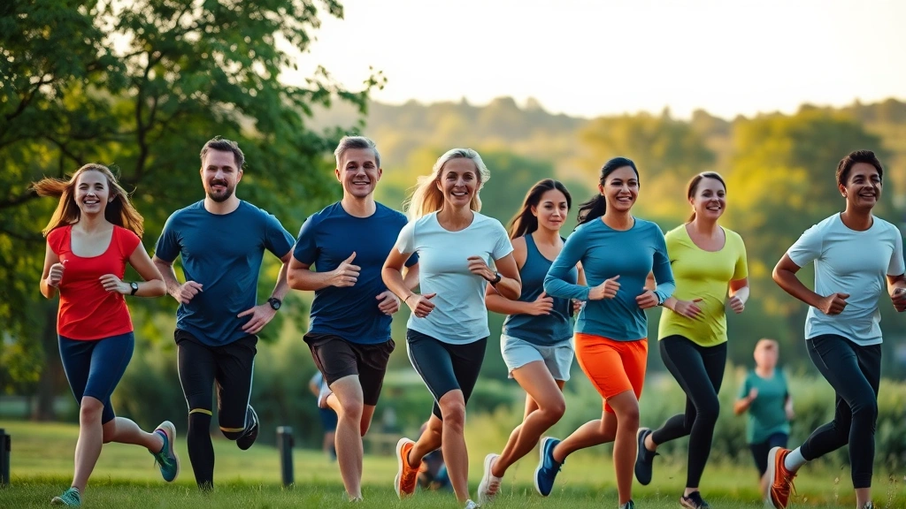 Diverse group of people jogging together in a park during early morning, natural daylight, green landscape background, showing active lifestyle and cardiovascular health through exercise