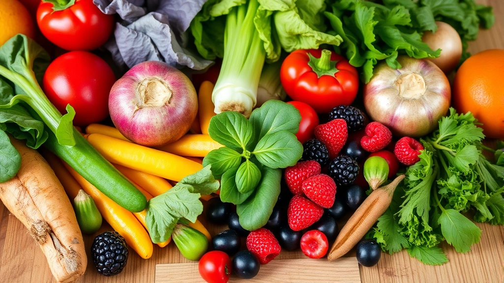 Close-up of fresh colorful vegetables and fruits on a wooden table, including leafy greens, berries, and root vegetables, natural lighting, representing heart-healthy nutrition and dietary wellness