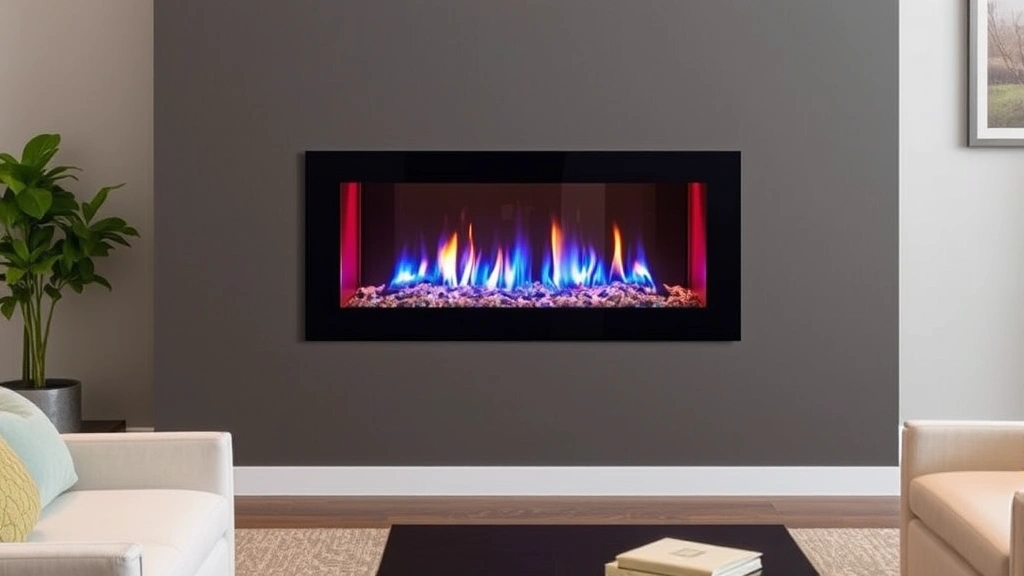 Modern sealed direct vent fireplace with blue flame visible through glass front, installed in contemporary living room with neutral tones, showing clean combustion and efficient heat distribution