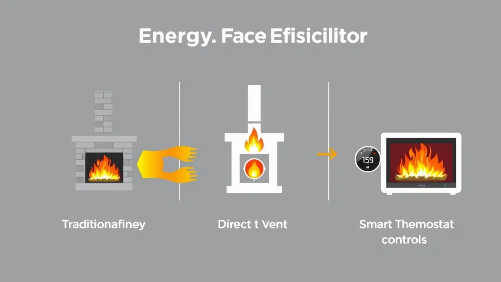 Energy efficiency comparison diagram visualization showing three heating methods: traditional fireplace with heat escaping up chimney, direct vent sealed system with efficient heat retention, and modern smart thermostat controls on fireplace unit