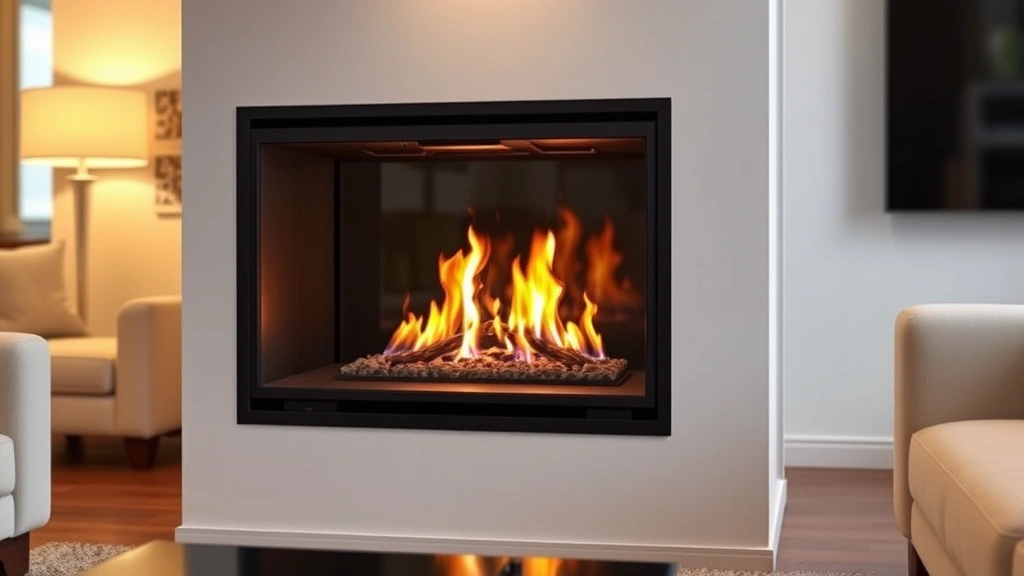 Modern direct vent gas fireplace with sealed combustion chamber, dual exterior pipes visible, flames visible through glass panel, contemporary living room setting with warm lighting reflecting off walls