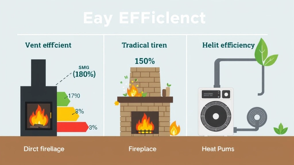 Energy efficiency comparison chart visualization showing direct vent fireplace (80% efficiency) versus traditional fireplace (15% efficiency) versus heat pump (350% efficiency), modern infographic style with sustainability theme