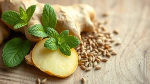 Close-up of fresh ginger root, peppermint leaves, and fennel seeds arranged on natural wooden surface with soft morning light, earthy tones, sustainable herbal remedies photography, no text or labels visible