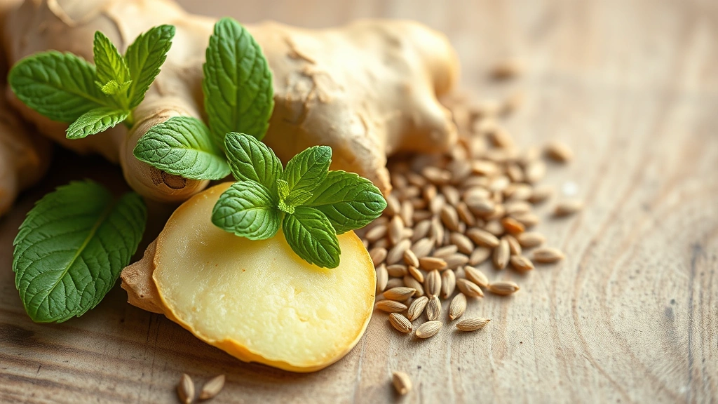 Close-up of fresh ginger root, peppermint leaves, and fennel seeds arranged on natural wooden surface with soft morning light, earthy tones, sustainable herbal remedies photography, no text or labels visible
