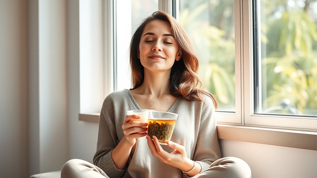 Woman enjoying peaceful moment with steaming cup of herbal tea by large window, natural sunlight, relaxed posture, serene environment suggesting digestive wellness and mindfulness, photorealistic contemporary setting