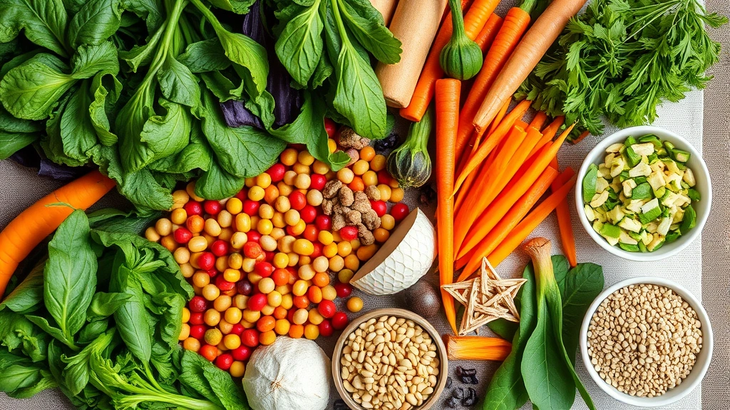 Overhead view of colorful whole foods including leafy greens, legumes, fresh vegetables, and whole grains arranged on neutral linen, sustainable plant-based nutrition display, warm natural lighting, no packaging or text visible