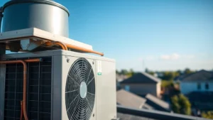 Modern rooftop AC unit with clear blue sky, showing copper refrigerant lines and outdoor condenser coil, sunlight reflecting off metal components, residential neighborhood visible in soft focus background
