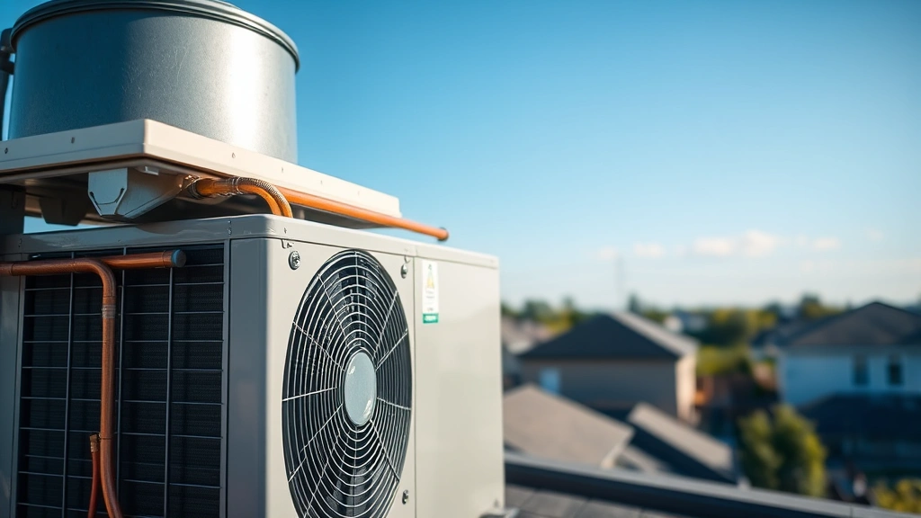 Modern rooftop AC unit with clear blue sky, showing copper refrigerant lines and outdoor condenser coil, sunlight reflecting off metal components, residential neighborhood visible in soft focus background