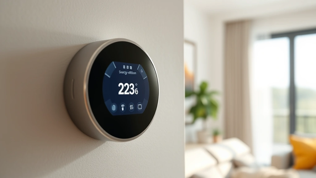 Energy-efficient smart thermostat display mounted on living room wall, showing temperature settings and scheduling interface, bright natural daylight through nearby window, comfortable interior setting with furniture blur