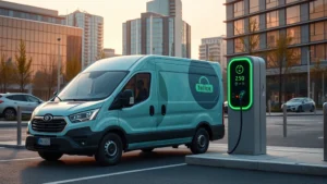 Electric delivery vehicle charging at urban charging station during daytime, modern city buildings in background, green energy infrastructure, photorealistic