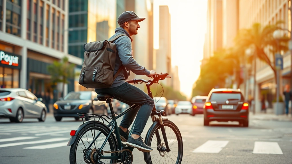 Delivery driver on electric bicycle with insulated bag navigating busy downtown street, sustainable urban transportation, eco-friendly logistics, photorealistic