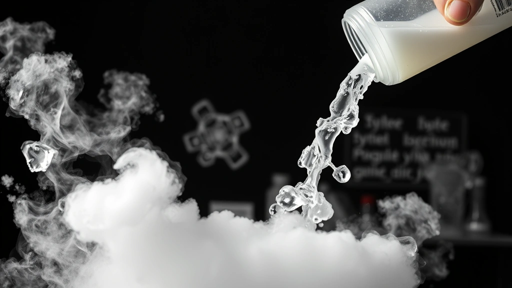 Liquid nitrogen being poured from a container creating white vapor clouds against a dark laboratory background, showing the extreme cold effects on air