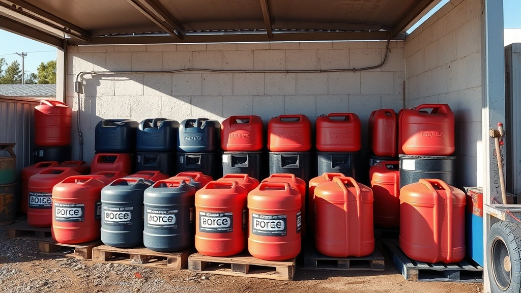 Organized fuel storage area outdoors with multiple red and blue fuel cans in cool shade, proper ventilation, elevated on pallets away from ground moisture, natural daylight