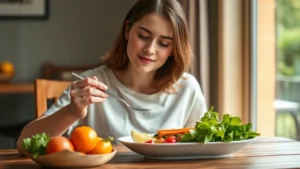 Person eating slowly and mindfully at wooden table with fresh vegetables, natural lighting, peaceful expression, no text visible, realistic photography