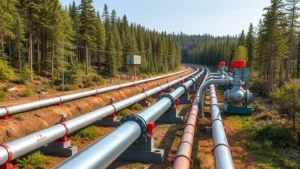 Photorealistic image of modern natural gas pipeline infrastructure running through forested landscape with safety markers, showing well-maintained metallic pipes and valve stations surrounded by trees and vegetation