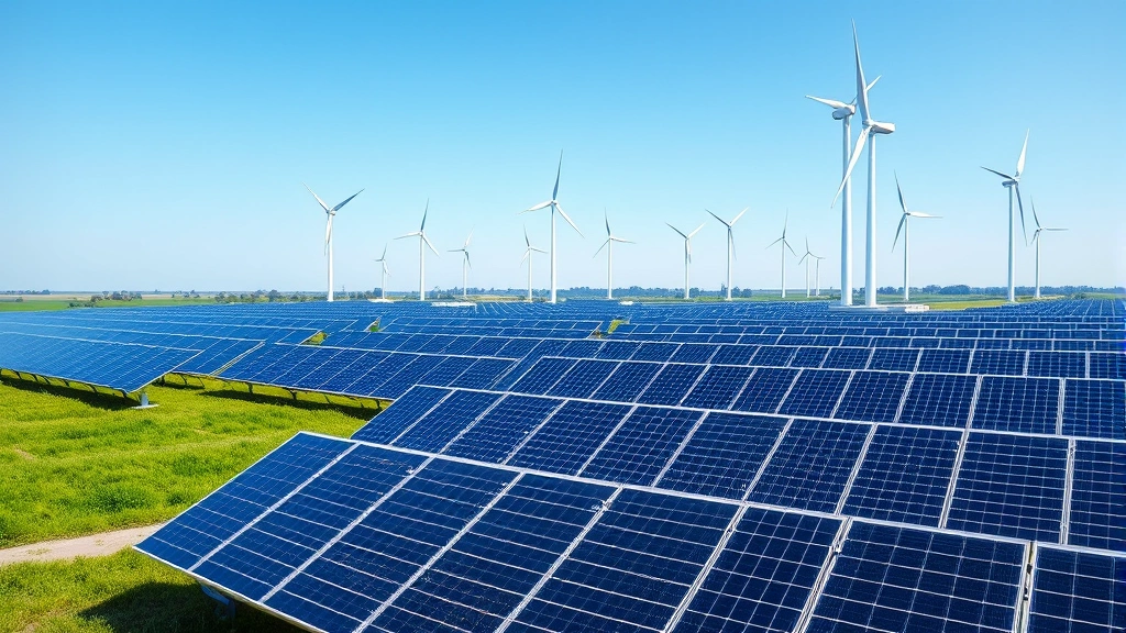 Photorealistic image of solar panel array and wind turbines in same renewable energy facility, demonstrating integrated clean energy generation with green fields and blue sky, no text or labels visible