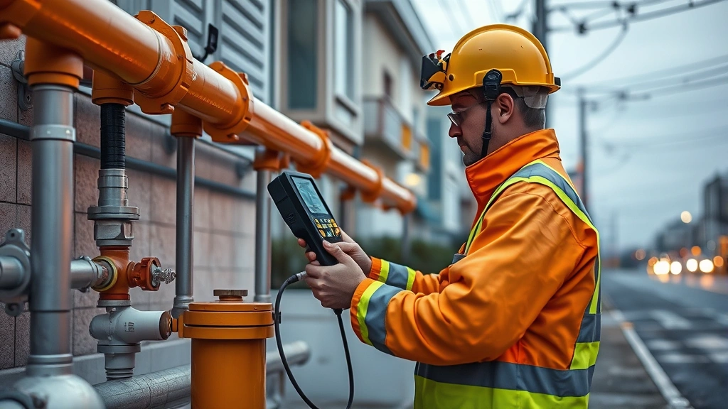 Photorealistic image of utility worker using advanced leak detection equipment on gas distribution infrastructure in urban residential area, showing modern monitoring technology and professional energy infrastructure maintenance