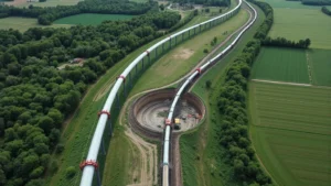 Aerial view of modern natural gas pipeline infrastructure running through Ohio countryside with green fields and forests visible, showing pipeline construction and maintenance work in progress