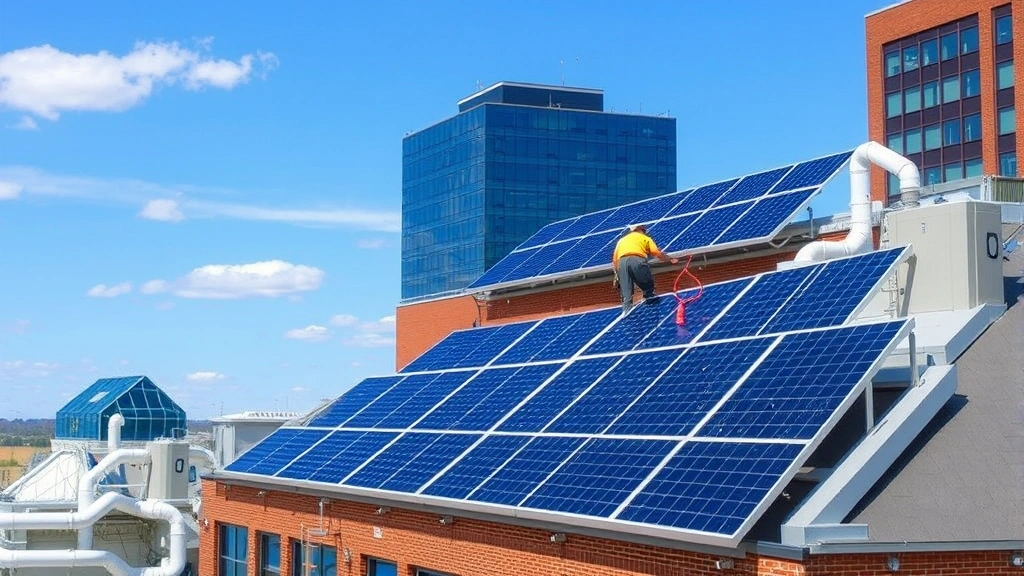 Solar panel array installation on commercial building rooftop in urban Ohio setting, with technicians working on renewable energy infrastructure against blue sky