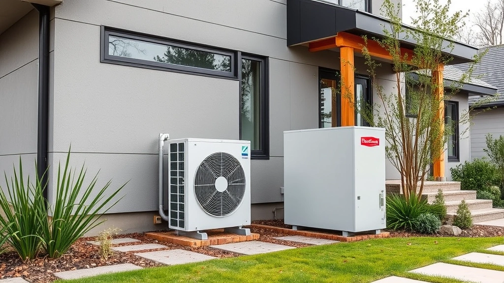 Modern electric heat pump system installed outside residential home with modern architecture, showing alternative heating technology with surrounding landscaping and green space